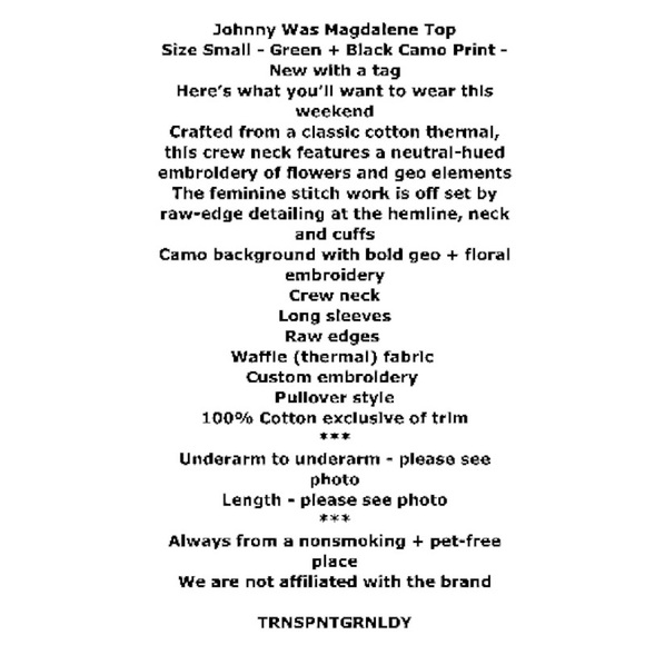 Johnny Was Magdalene Top Small Bold Embroidery on Thermal Waffle Camo Print NWT - Picture 2 of 13